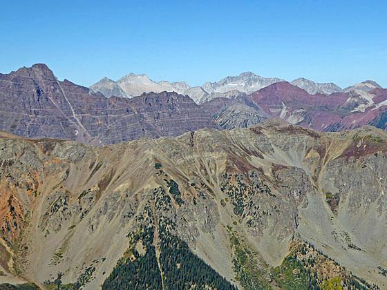 Pyramid Peak, Snowmass Mtn and Capitol Peak from Electric Pass