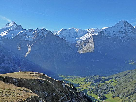 The Schreckhorn, Finsteraarhorn, Fiescherhorn massif and the Eiger